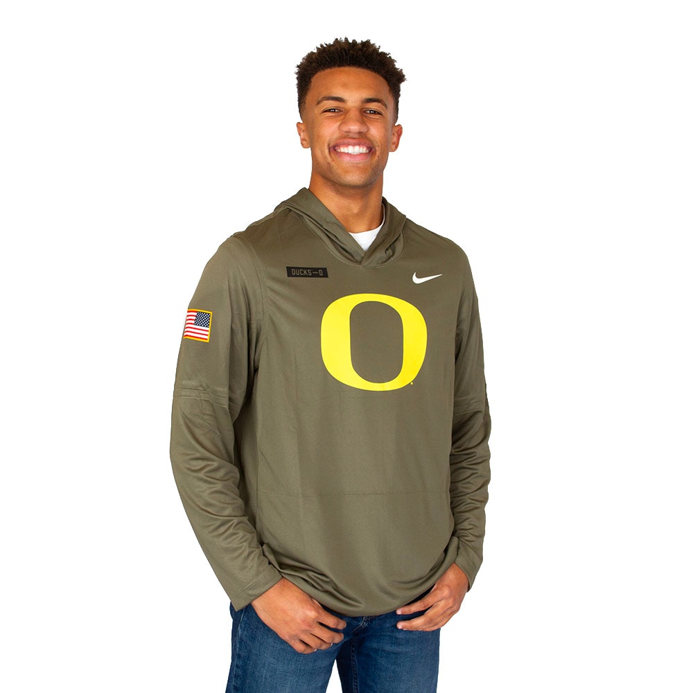 Classic Oregon O, Nike, Green, Long Sleeve, Performance/Dri-FIT, Men, Legend, Military Appreciation, Hooded, T-Shirt, 928853